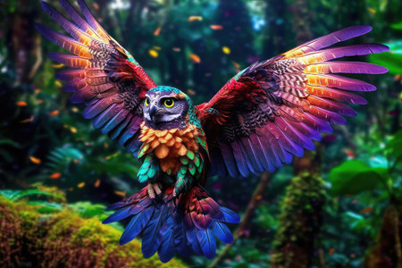 Beautiful colorful bird in the jungle. 3d rendering. Computer digital drawing.の素材