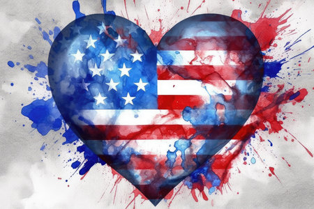United States of America flag in heart shape on watercolor splash backgroundの素材