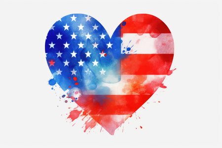 American flag in the shape of a heart. Watercolor background.の素材