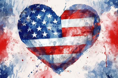 American flag in the shape of a heart on a watercolor backgroundの素材