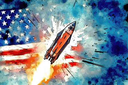 Rocket launch from space on an american flag background, art illustrationの素材