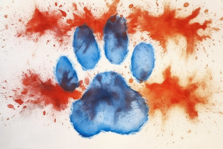 Paw Prints with Red and Blue Paint on White Background.の素材