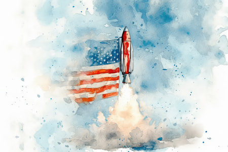 watercolor sketch of a rocket with an American flag on a white backgroundの素材