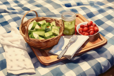 Green salad in a wicker basket on a checkered tableclothの素材