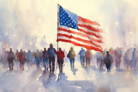 Digital watercolor painting of crowd of people walking with American flag.の素材