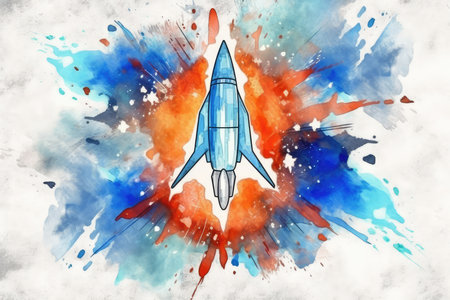 Rocket on a watercolor background. Watercolor painting. Vector illustration.の素材