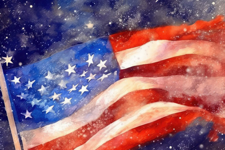 American flag with stars and stripes on the background of the night skyの素材