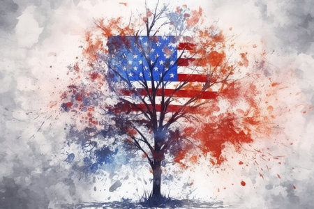 American flag in the form of a tree in the watercolor.の素材