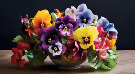 Bouquet of colorful pansy flowers in vase on wooden tableの素材