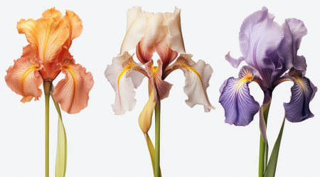 Three iris flowers isolated on white background. Collection of irisesの素材