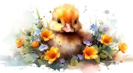 Cute little duckling and flowers in watercolor style. Vector illustration.の素材