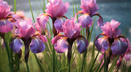 Purple iris flowers on the background of the summer landscape.の素材