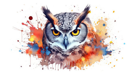 Colorful watercolor portrait of an owl with splashes on white backgroundの素材