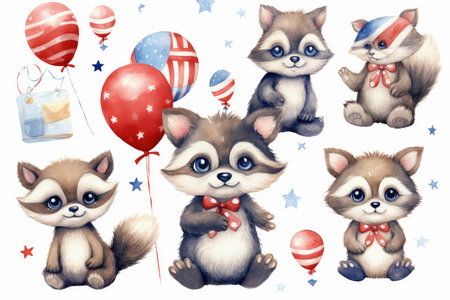 A set of cute cartoon animals with a gift, balloons, ribbons and stars.の素材