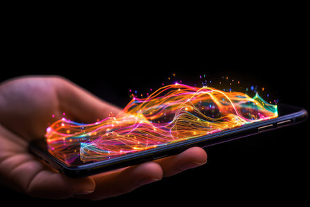 Touch screen smartphone with abstract glowing lines on dark background. 3d renderingの素材