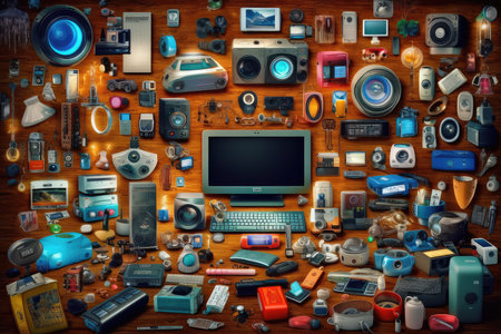Highly detailed photo of a photographer's workplace with various equipment.の素材