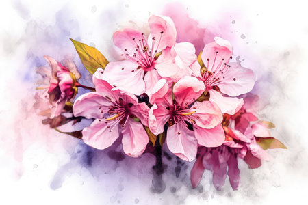 Watercolor painting of cherry blossom. Beautiful pink flowers on watercolor backgroundの素材
