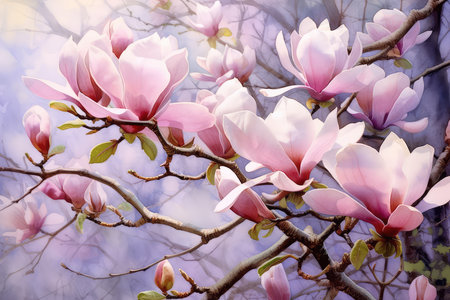 Magnolia tree blossoms in spring time. Nature background with flowers.の素材