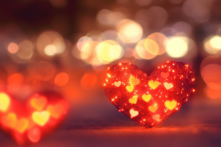 Valentine's day background with red hearts and bokeh lightsの素材