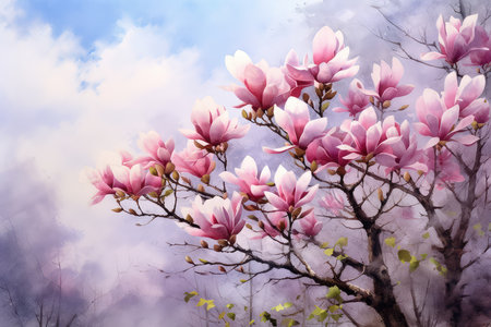 Beautiful pink magnolia flowers on blue sky background. Digital paintingの素材
