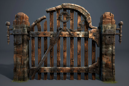 3d render of a wooden gate with an iron handle on a gray backgroundの素材