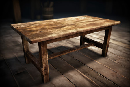 Vintage wooden table in dark room with light coming from the windowの素材