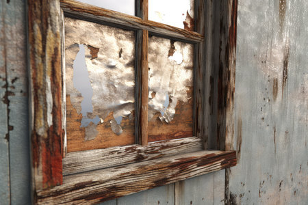 Old wooden window with peeling paint in an abandoned house. 3d renderingの素材