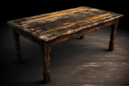 Old wooden table on black background. 3d render. Vintage style.の素材