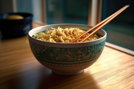 Noodles in a bowl with chopsticks on a wooden tableの素材