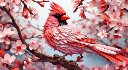 Red cardinal bird on a branch of blossoming sakura tree.の素材