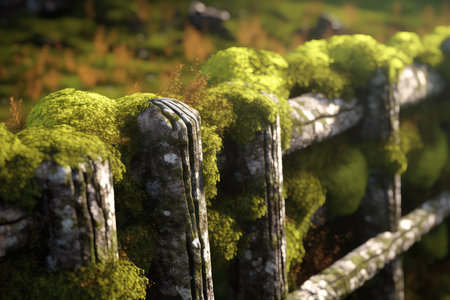 Old wooden fence with moss and lichen on it. Selective focus.の素材