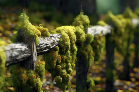 Moss on a fence in autumn forest. Selective focus.の素材