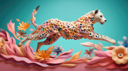 3d illustration of a stylized leopard on the background of flowersの素材