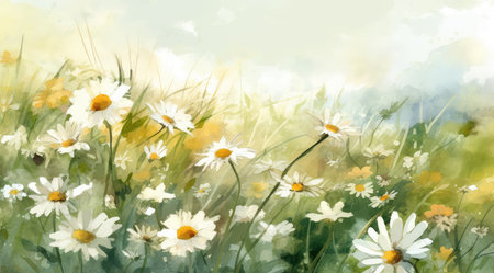 Watercolor illustration of daisies in the meadow on a sunny dayの素材