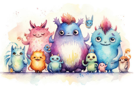 Cute little monsters. Watercolor illustration. Funny cartoon characters.の素材