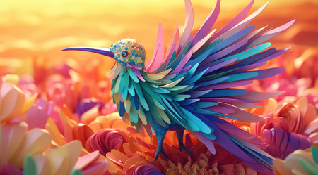 Colorful bird on a flower background. 3d render illustration.の素材