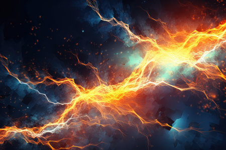 Fiery lightning on a dark blue background. 3D illustration.の素材