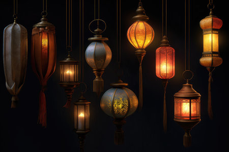 Lanterns hanging on a black wall. 3d renderingの素材