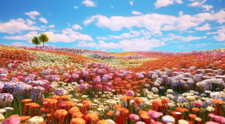 3d render of a field of flowers and trees in the backgroundの素材