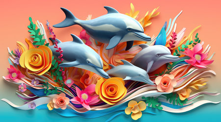 Dolphins and flowers on a colorful background. 3d illustration.の素材