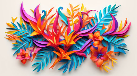 3d paper cut tropical leaves and flowers. Paper art design backgroundの素材