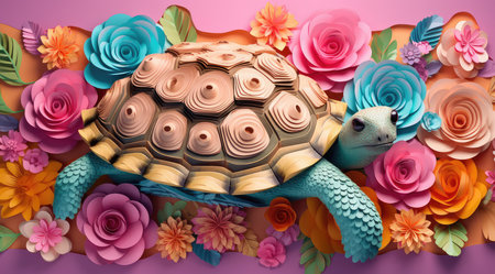 3d rendering of a tortoise with paper flowers on pink backgroundの素材
