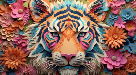 Tiger head made of colorful flowers. 3D illustration. 3D rendering.の素材