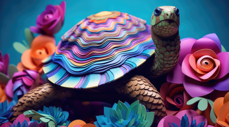 3d illustration of a tortoise surrounded by colorful flowers and leavesの素材