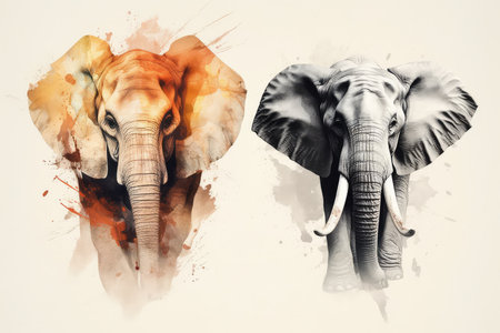 Double exposure portrait of two elephants with watercolor splashes on white backgroundの素材