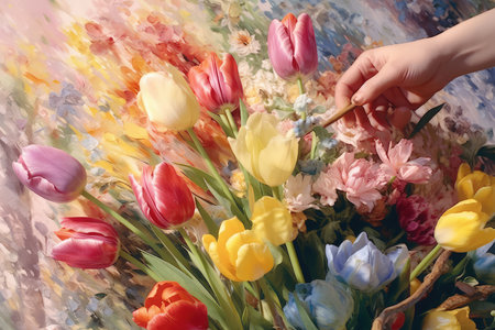 Beautiful spring bouquet of tulips and hyacinths. A woman's hand paints a bouquet with a brush.の素材