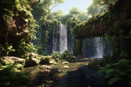 Waterfall in the tropical forest,3d rendering. Computer digital drawing.の素材