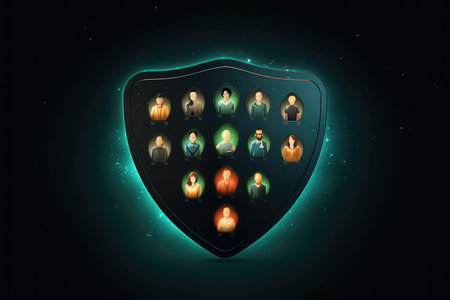Group of people with glowing shield on dark background. Vector illustration.の素材