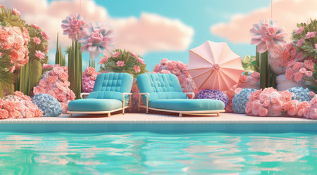 Swimming pool with blue armchairs and umbrella. 3D renderingの素材