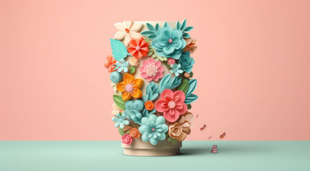 3d rendering of flower pot decorated with paper flowers on pink backgroundの素材